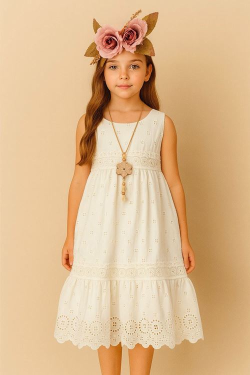 Miniğimin Cicileri Fisto ve Dantel Detaylı Kolsuz Kız Çocuk Elbise - Ekru