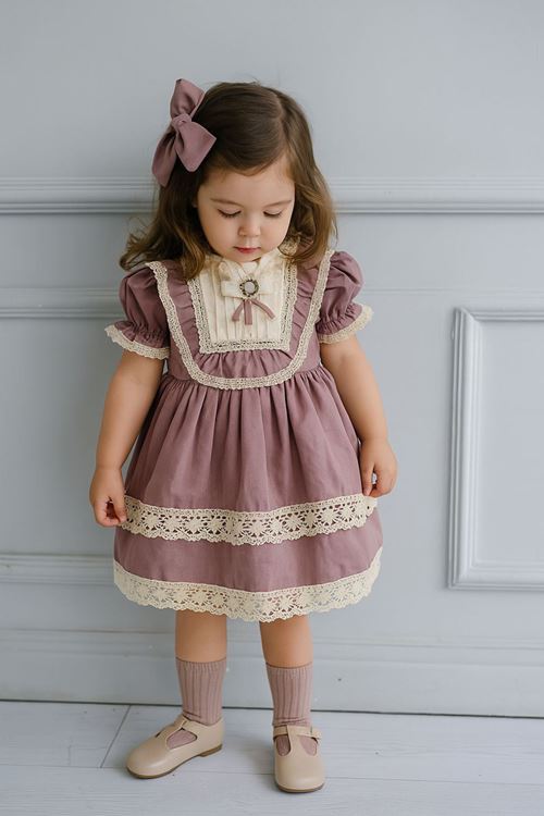 Miniğimin Cicileri Vintage Güpürlü Kız Çocuk Broşlu  Kısa Kol Elbise - Mor