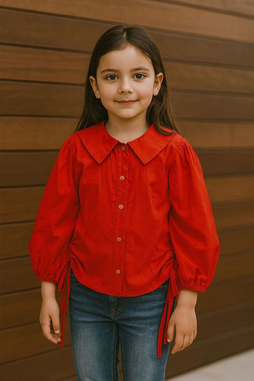 Miniğimin Cicileri Terikoton Pamuk Büzgü Detaylı Kız Çocuk Gömlek - Turuncu