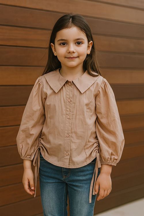 Miniğimin Cicileri Terikoton Pamuk Büzgü Detaylı Kız Çocuk Gömlek - Sütlü Kahve