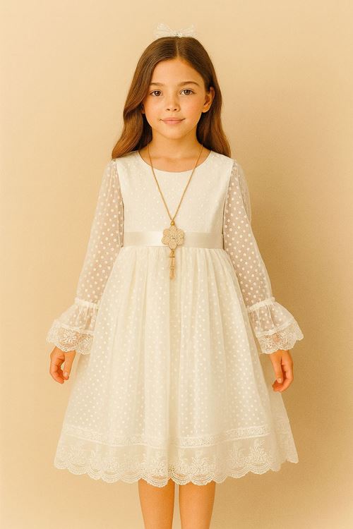 Miniğimin Cicileri Güpürlü Puantiye Detaylı Kız Çocuk Elbise - Beyaz