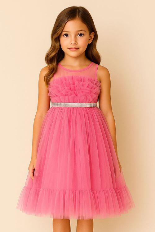 Miniğimin Cicileri Önü Taş Detaylı Tül Kız Çocuk Elbise Abiye - Pembe