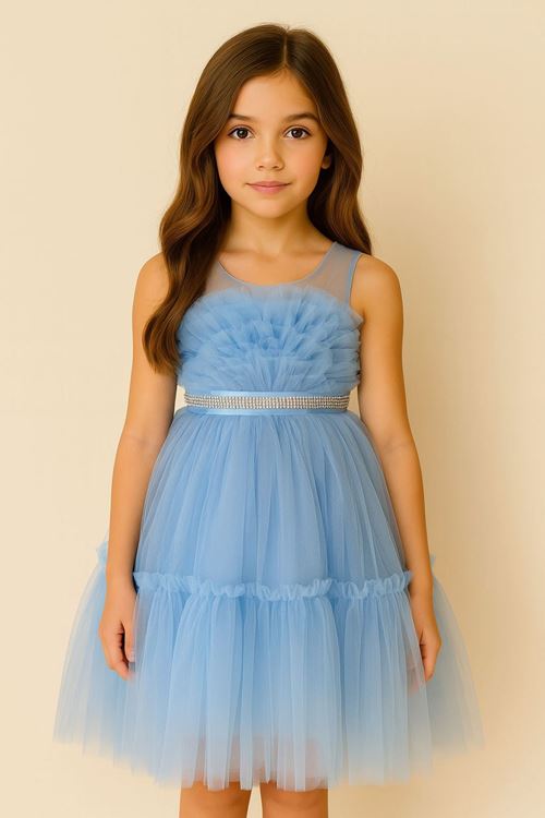 Miniğimin Cicileri Önü Taş Detaylı Tül Kız Çocuk Elbise Abiye - Mavi