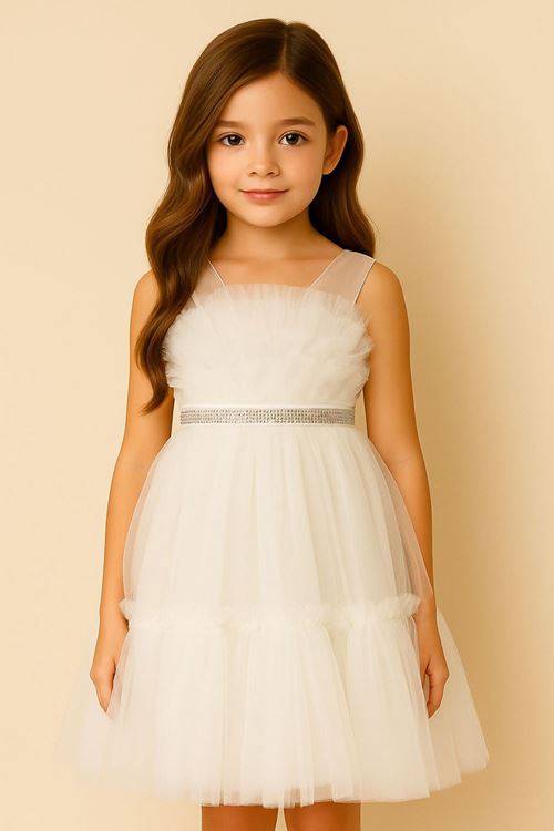 Miniğimin Cicileri Önü Taş Detaylı Tül Kız Çocuk Elbise Abiye - Beyaz