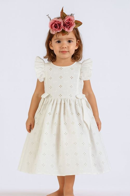 Miniğimin Cicileri Fırfırlı Broderie Fiyonklu Kız Çocuk Elbisesi - Beyaz