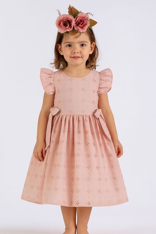 Miniğimin Cicileri Fırfırlı Broderie Fiyonklu Kız Çocuk Elbisesi - Pembe