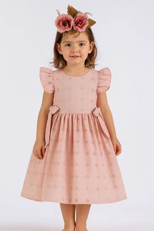 Miniğimin Cicileri Fırfırlı Broderie Fiyonklu Kız Çocuk Elbisesi - Pembe