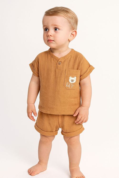 Miniğimin Cicileri Cep Nakış Bear Baby Müslüm Şortlu Erkek Bebek Takım - Kahve