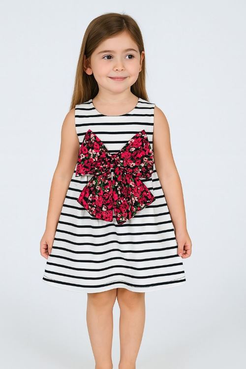 Miniğimin Cicileri Çizgili Kurdaleli Pamuklu Penye Elbise - Beyaz