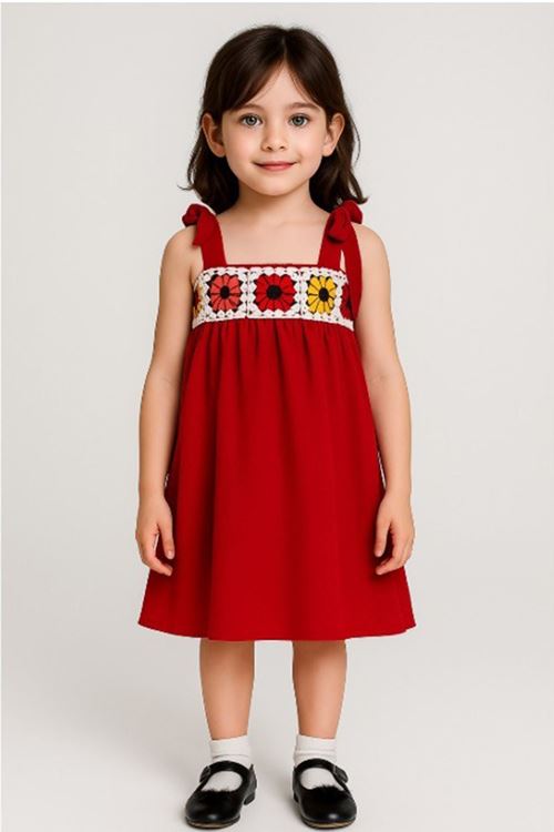 Miniğimin Cicileri Örgü Detaylı Bağlamalı Kız Çocuk Elbise - Kırmızı