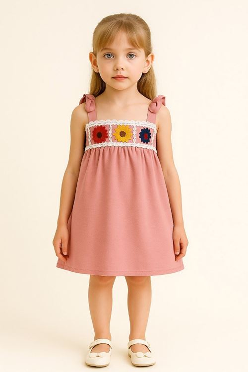 Miniğimin Cicileri Örgü Detaylı Bağlamalı Kız Çocuk Elbise - Gül Kurusu