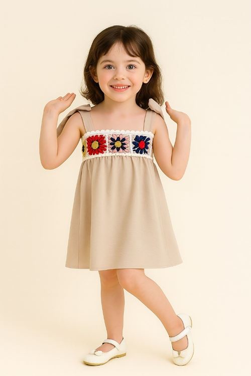 Miniğimin Cicileri Örgü Detaylı Bağlamalı Kız Çocuk Elbise - Bej
