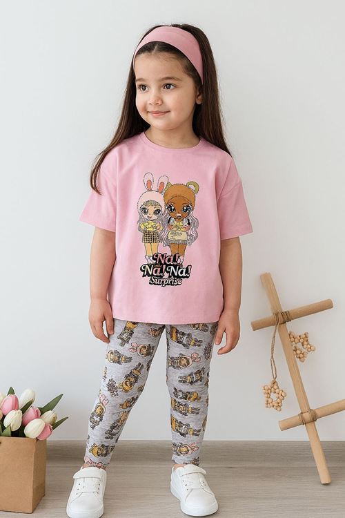 Miniğimin Cicileri Na Na Sürprise Taytlı Kız Çocuk Takım - Pembe-Gri