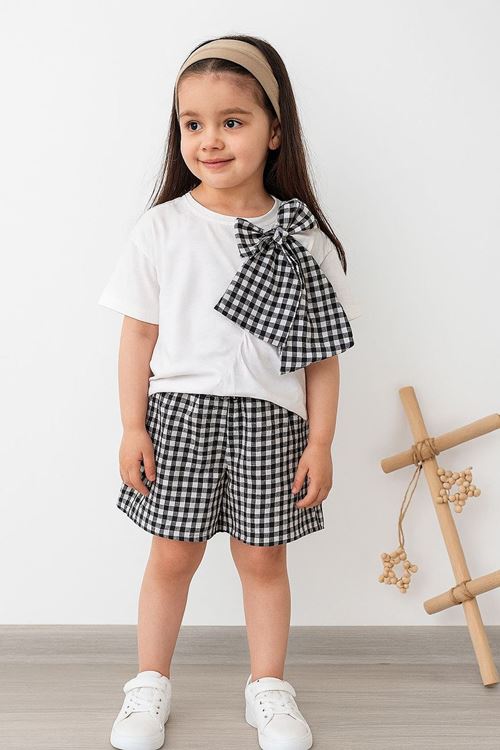 Miniğimin Cicileri Fiyonk Detaylı Pötikare Şortlu Kız Çocuk 2 li Takım - Siyah