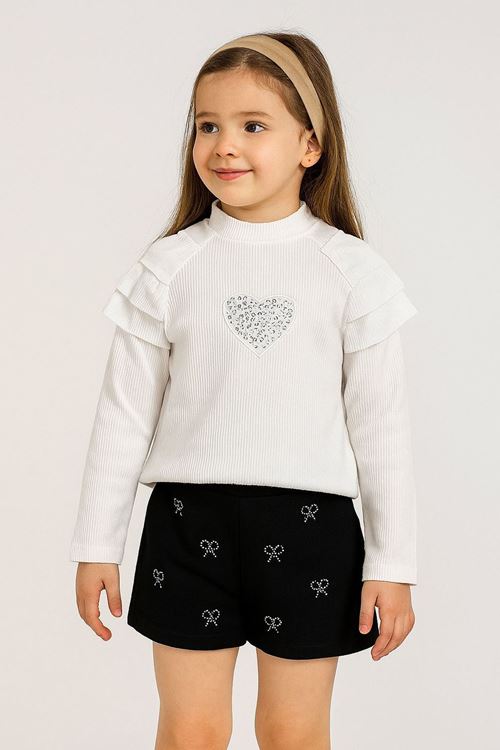 Miniğimin Cicileri Kalp Taş Detaylı Kol Fırfır Detaylı Kız Çocuk Sweat - Beyaz