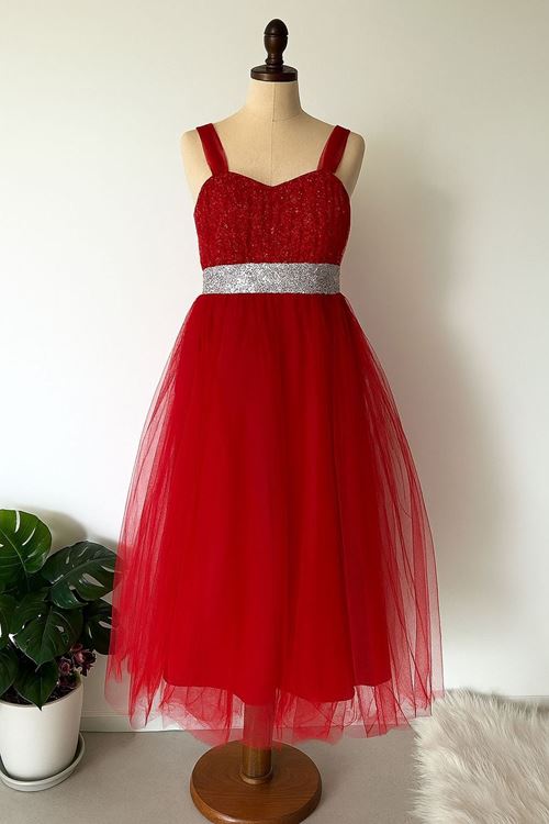 Miniğimin Cicileri Beli Payet Kuşak Detaylı Tül Kız Çocuk Abiye Elbise - Kırmızı