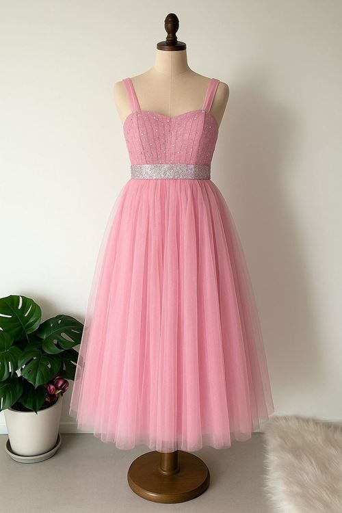 Miniğimin Cicileri Beli Payet Kuşak Detaylı Tül Kız Çocuk Abiye Elbise - Pembe