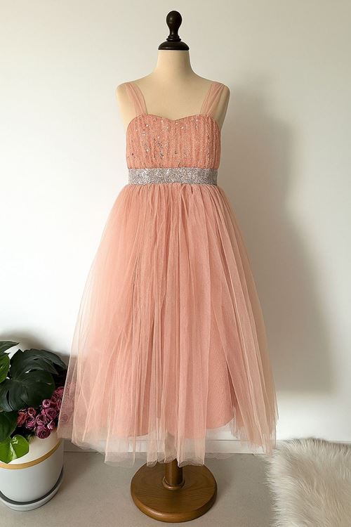 Miniğimin Cicileri Beli Payet Kuşak Detaylı Tül Kız Çocuk Abiye Elbise - Somon