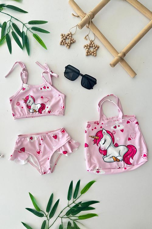 Miniğimin Cicileri Pny Kız Çocuk Çantalı Mayo Takımı - Açık Pembe
