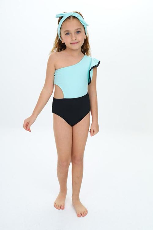 Miniğimin Cicileri Tek Omuz Volanlı Kız Çocuk Mayo - Su Yeşili