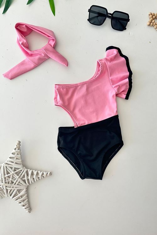 Miniğimin Cicileri Tek Omuz Volanlı Kız Çocuk Mayo - Pembe