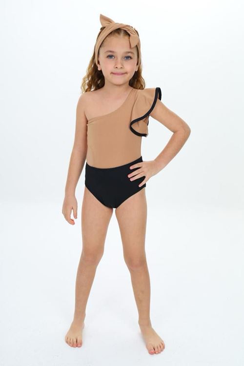 Miniğimin Cicileri Tek Omuz Volanlı Kız Çocuk Mayo - Kahve