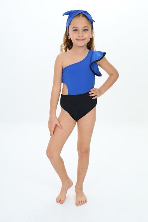 Miniğimin Cicileri Tek Omuz Volanlı Kız Çocuk Mayo - KoyuMavi