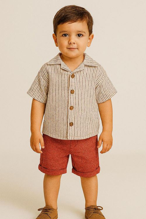 Miniğimin Cicileri Çizgili Gömlekli Erkek Çocuk 2 li Rahat Takım - Kiremit