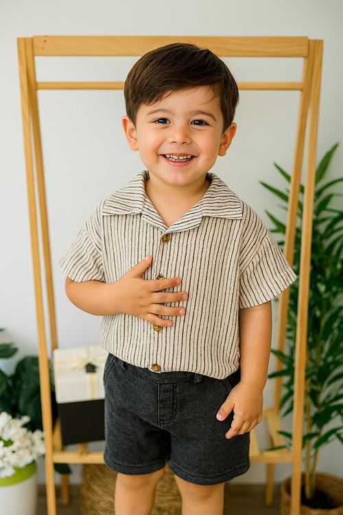 Miniğimin Cicileri Çizgili Gömlekli Erkek Çocuk 2 li Rahat Takım - Antrasit