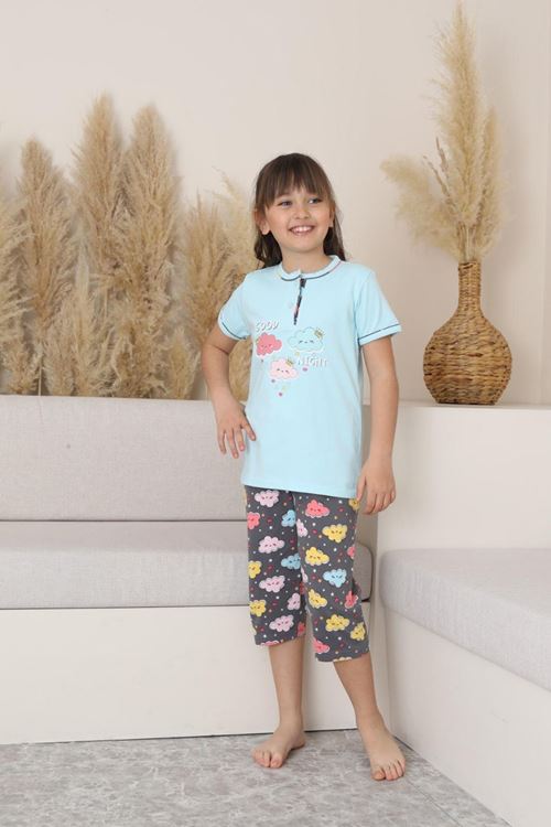 Miniğimin Cicileri (6-14 Yaş) Bulut Desenli Kız Çocuk Kapri Takım - Mavi