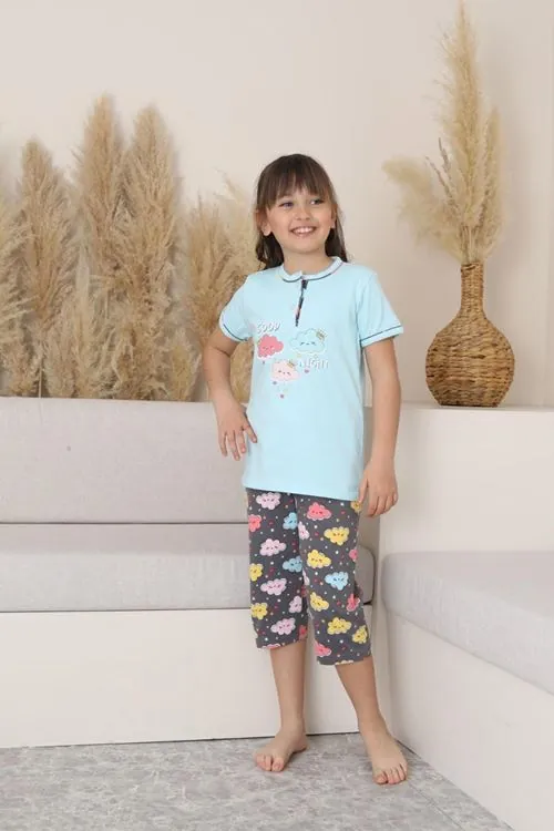 Miniğimin Cicileri (6-14 Yaş) Bulut Desenli Kız Çocuk Kapri Takım - Mavi
