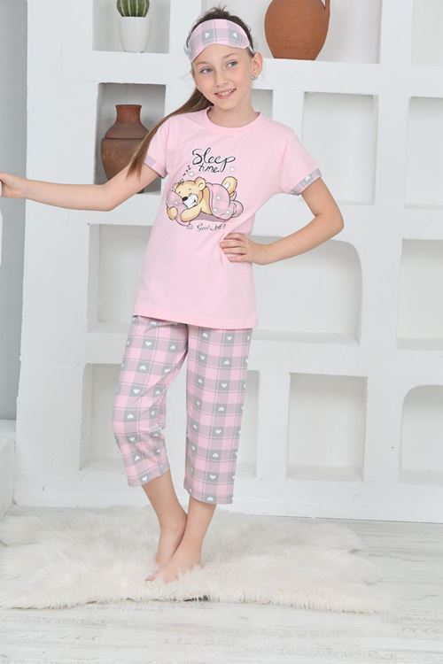 Miniğimin Cicileri (6-11 Yaş) Ayıcık Desenli Kız Çocuk Kapri Takım - Pembe