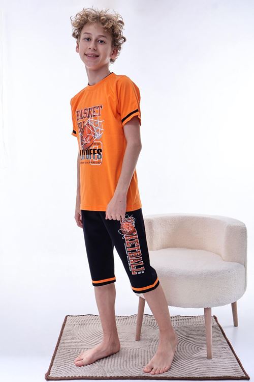 Miniğimin Cicileri (6-11 Yaş) Basketbol Desenli Erkek Çocuk Kapri Takım - Turuncu