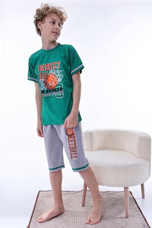 Miniğimin Cicileri (6-11 Yaş) Basketbol Desenli Erkek Çocuk Kapri Takım - Yeşil