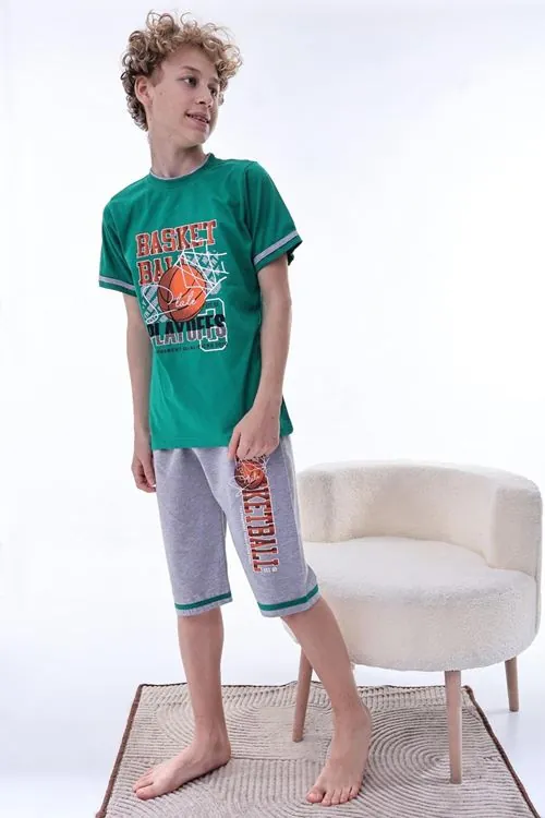 Miniğimin Cicileri (6-11 Yaş) Basketbol Desenli Erkek Çocuk Kapri Takım - Yeşil