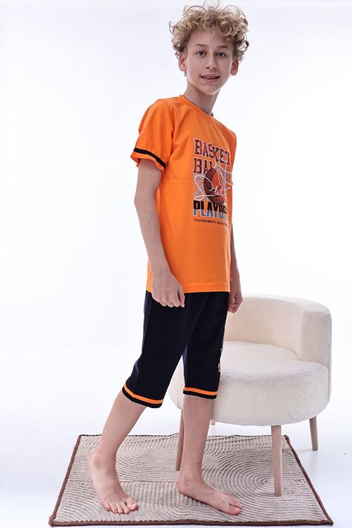 Miniğimin Cicileri (11-14 Yaş) Basketbol Desenli Erkek  Çocuk Kapri Takım - Turuncu