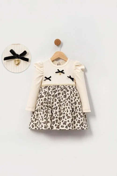 Miniğimin Cicileri Leopar Detaylı Fiyonklu Kız Bebe Elbise - Bej