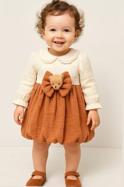 Miniğimin Cicileri Müslin Ayıcık Detaylı Kız Bebe Elbise - Taba