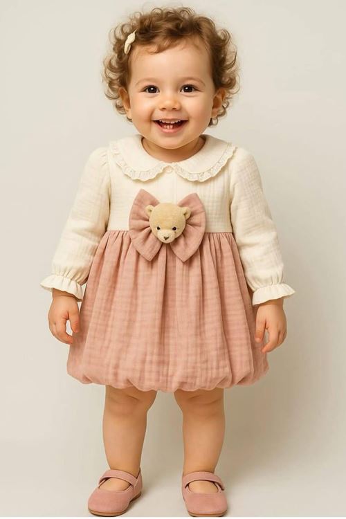 Miniğimin Cicileri Müslin Ayıcık Detaylı Kız Bebe Elbise - Pudra