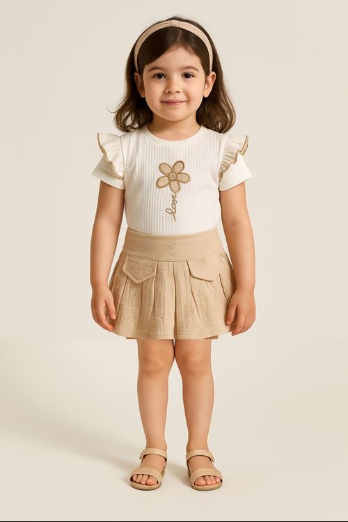 Miniğimin Cicileri Müslin Papatya Detaylı Kız Çocuk Şort Etekli Takım - Bej