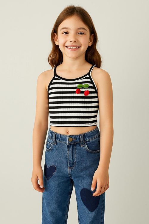 Miniğimin Cicileri Kiraz Detaylı Kız Çocuk Askılı Crop - SiyahBeyaz