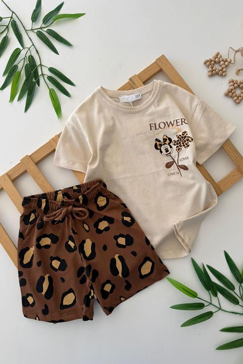 Miniğimin Cicileri Mnn Flower Baskılı  Kız Çocuk Şortlu Takım - Kahverengi