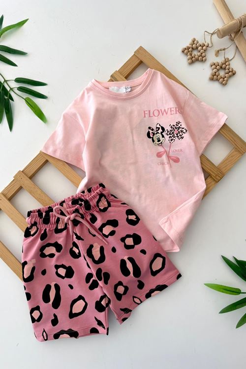 Miniğimin Cicileri Mnn Flower Baskılı  Kız Çocuk Şortlu Takım - Pembe