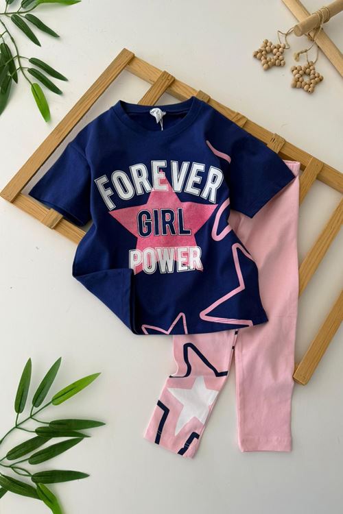Miniğimin Cicileri Forever Simli Yıldır Baskılı  Kız  Çocuk Taylı Takım - Lacivert