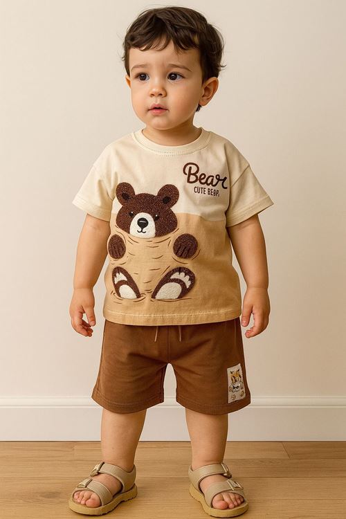 Miniğimin Cicileri Bear Panç İşleme Detaylı Erkek Çocuk Şortlu Takım - Kahve
