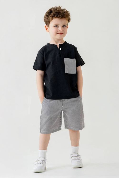 Miniğimin Cicileri Cep Detaylı Şortlu Keten Erkek Çocuk 2 li Takım - Siyah