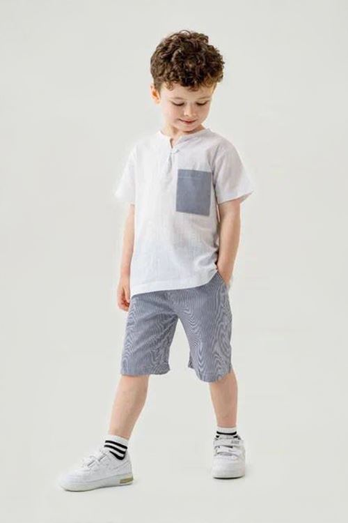 Miniğimin Cicileri Cep Detaylı Şortlu Keten Erkek Çocuk 2 li Takım - Gri