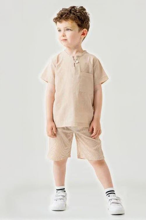 Miniğimin Cicileri Cep Detaylı Şortlu Keten Erkek Çocuk 2 li Takım - Bej