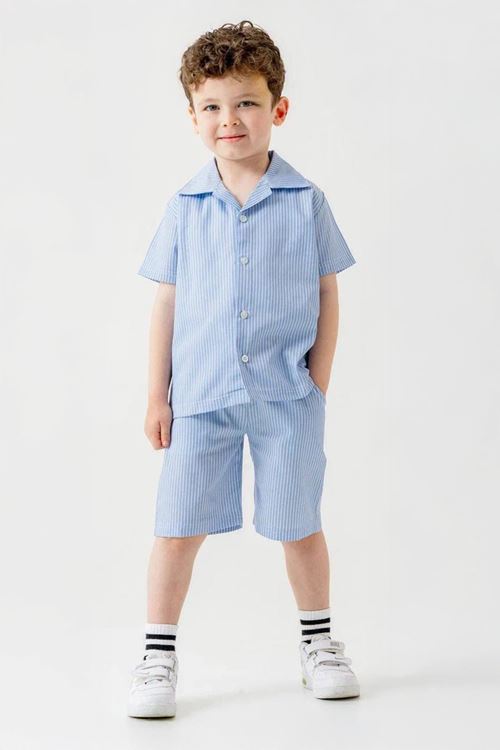 Miniğimin Cicileri Çizgili Gömlek Şortlu Keten Erkek Çocuk 2 li Takım - Açık Mavi