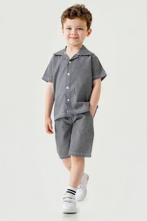 Miniğimin Cicileri Çizgili Gömlek Şortlu Keten Erkek Çocuk 2 li Takım - Antrasit